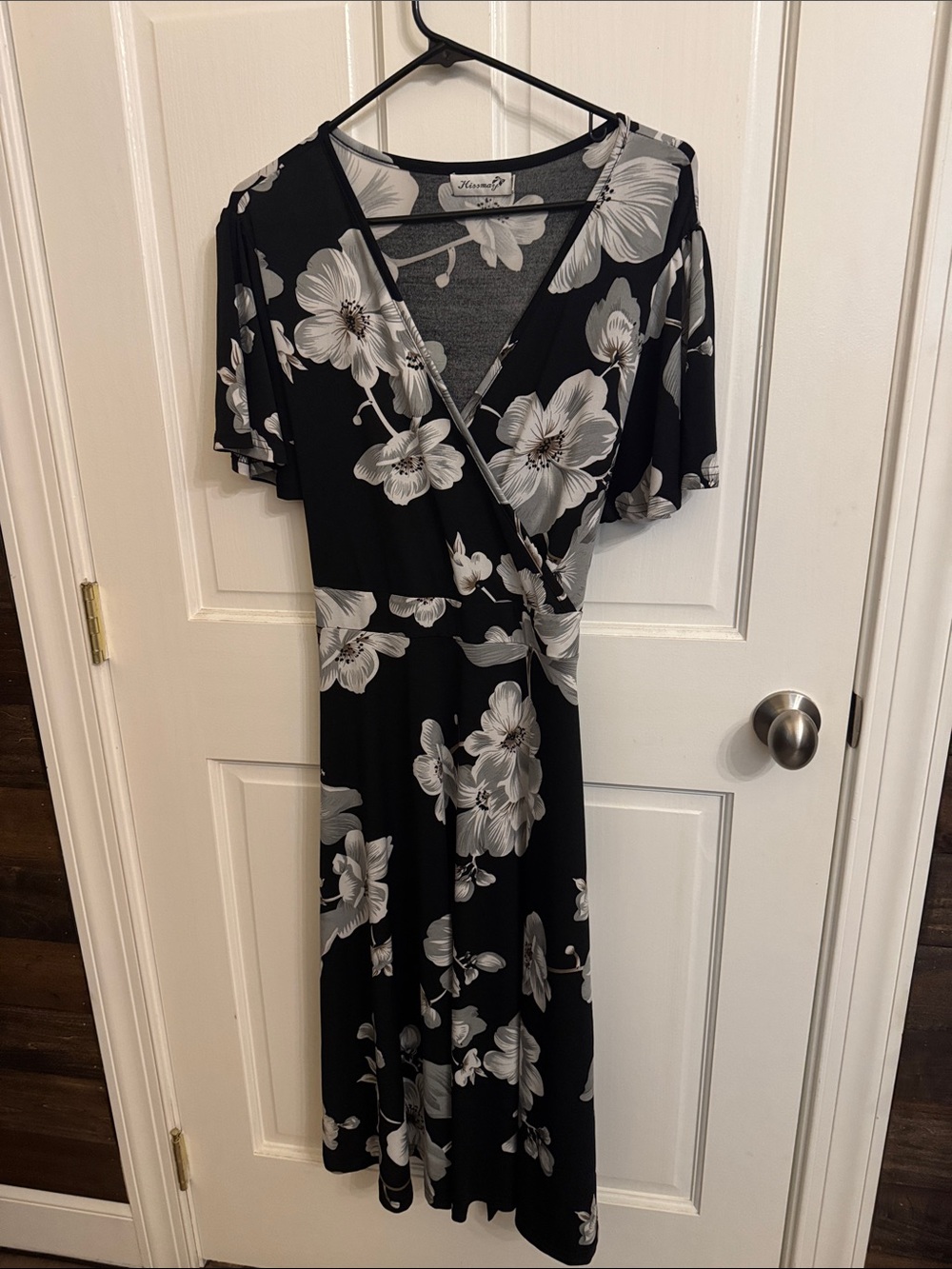 Kensie Black and White Floral Wrap Midi Dress